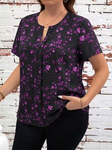 Reflora Plus Size French Vacation Floral Print Short Sleeve Shirt - Purple - View 4