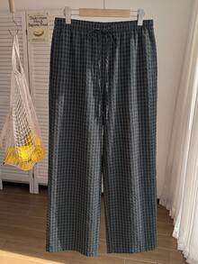 SHEIN EZwear 大尺碼女款春夏格紋抽繩腰口袋長褲 - 黑色 - 查看 5