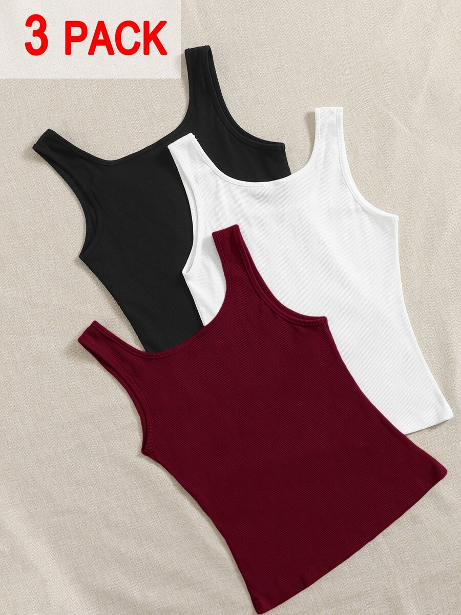 Solflare Spring/Summer Clothing Multi-Color White+Black+Blue 3-Color Fitted Plus Size Long Tank Top - Multicolor - View 1