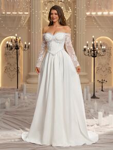 Glamrae Elegant Luxury Embroidered Faux Pearl Decorated Off-Shoulder Dress For Ball, Wedding - White - View 6