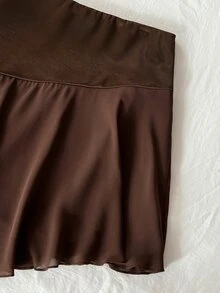 SHEIN EZwear Premium Maillard Sexy Style Sexy Asymmetrical Patchwork Satin Ribbon Skirt - Coffee Brown - View 6