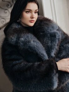 Anewsta Essential Autumn/Winter New Elegant Lady Faux Fox Fur Long Coat Fashion Fur-In-One Women's Plush Overcoat - Dusty Blue - View 2