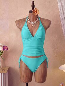 Swim Mod 女款兩件式純色性感可愛細肩帶綁帶比基尼套裝，三角褲底，熱銷海灘度假休閒優雅情人節派對背心式比基尼套裝，度假海灘穿搭 - 淺藍色 - 查看 3