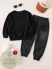 SHEIN 1套隨機男嬰保暖運動衫與慢跑長褲套裝，可愛學院風字母刺繡條紋印花運動服，兒童日常穿著 - 彩色 - 查看 2