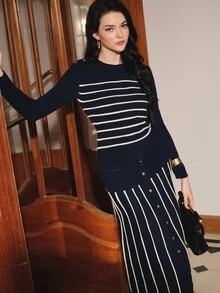 Anewsta Women's Autumn Striped Button Pullover Knit Top + Skirt Set, Casual Commute 2-Piece Outfit - Navy Blue - View 3