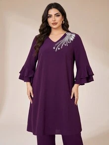 Al Najma Plus Size Women's Rhinestone Vintage Top And Pants Arabic Set - Purple - View 7