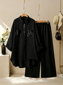 Lacomfia Setelan 2 Potong Minimalis Kasual Warna Polos dengan Hiasan Manik-manik dan Kerah Kemeja Lengan Panjang Pas Badan serta Celana Panjang Warna Polos dengan Pinggang Elastis dan Potongan Lebar untuk Musim Semi dan Gugur Ukuran Plus - Hitam - View 1