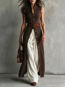 SHEIN Cable Knit Sleeveless Midi Dress Stand Collar Front Button Slim Knit Vest Dress - Brown - View 1