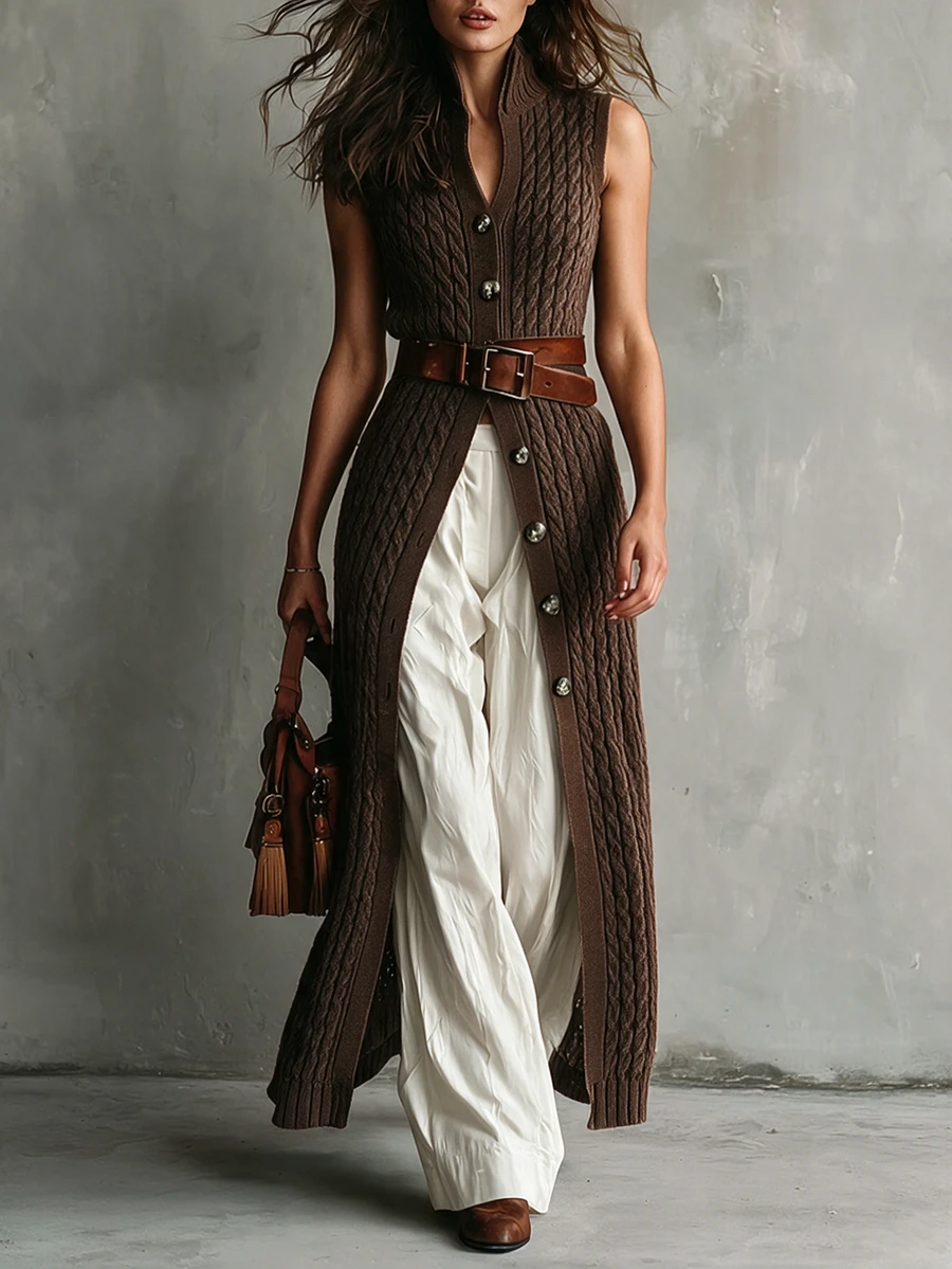 SHEIN Cable Knit Sleeveless Midi Dress Stand Collar Front Button Slim Knit Vest Dress - Brown - View 1