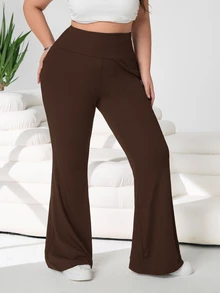 Solflare Plus Size Women Casual Versatile Solid Color High Waist Flare Pants - Brown - View 3