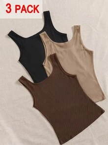 Solflare Spring/Summer Clothing Multi-Color White+Black+Blue 3-Color Fitted Plus Size Long Tank Top - Multicolor - View 1