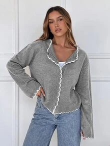 SHEIN EZwear 女款拼色休閒百搭日常穿搭開襟衫 - 淺灰色 - 查看 6