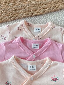 SHEIN 3件組新生兒淺粉色長袖連身衣，0-12個月女嬰柔軟親膚修身內搭連身衣 - 彩色 - 查看 5