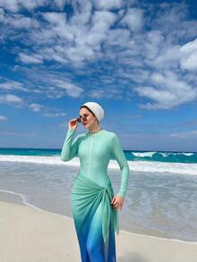 Swim Shayni Women's Summer Beach Conservative Style Geometric Gradient Print Burkini Set, Long Sleeve Zipper One-Piece Swimsuit, Long Cover-Up Dress, Black Long Pants - Blue - View 1