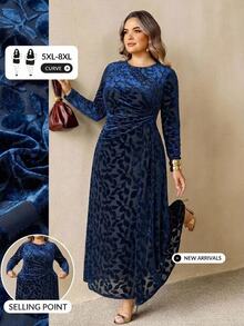 SHEIN CURVE+ Plus Size Women's Floral Print Long Sleeve Pleated Elegant Dress Fall - Blue - View 1
