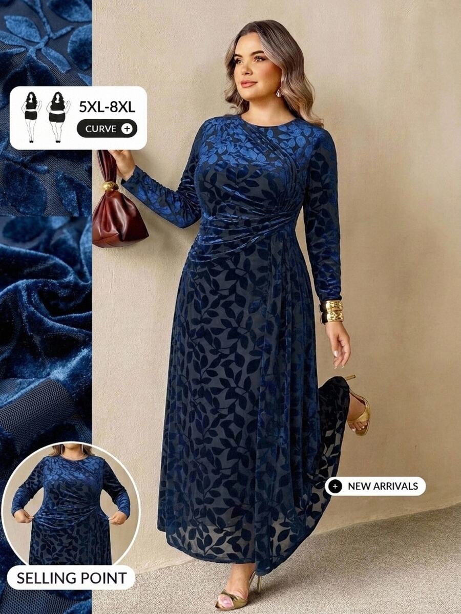 SHEIN CURVE+ Plus Size Women's Floral Print Long Sleeve Pleated Elegant Dress Fall - Blue - View 1