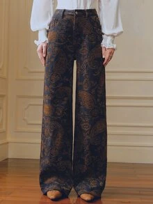 Anewsta Women's New Fashion Casual Flocked Jacquard Coffee Brown Jeans Straight Leg Pants - Coffee Brown - View 3