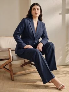 Anewsta 素色單扣長袖西裝外套套裝，商務休閒復古風女式套裝，休閒女裝套裝，老派優雅端莊得體，適合婚禮賓客穿著 - 藏蓝色 - 查看 3