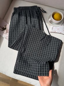 SHEIN EZwear 大尺碼女款春夏格紋抽繩腰口袋長褲 - 黑色 - 查看 3