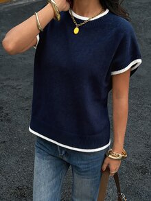 Siren Gaze 女款拼色圓領蝙蝠袖短袖休閒學院風針織上衣 海軍藍與白色 - 藏蓝色 - 查看 7