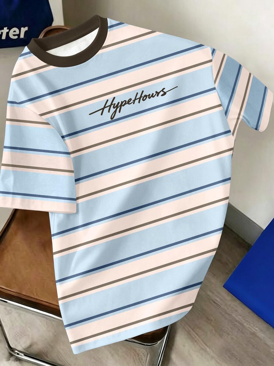 HypeHours 男士對比條紋圓領短袖T恤 - 彩色 - 查看 1