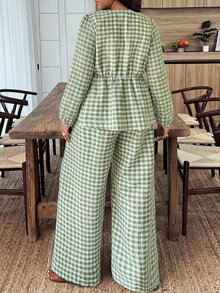SHEIN LUNE Women's Autumn/Winter New Hot-Selling Plaid Print Pattern Casual Versatile Plus Size 2 Pieces Set - Multicolor - View 2