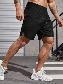 GymBeat Men's Letter Print Drawstring Waist Pocket Sports Shorts, Gym - Black - View 4