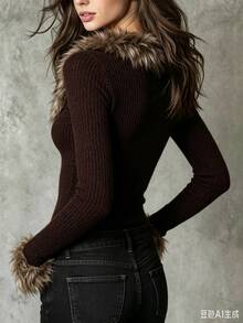 LUMIGAL Women's Fuzzy Patchwork Fitted Versatile Daily Casual Long Sleeve Sweater - Brown - View 2