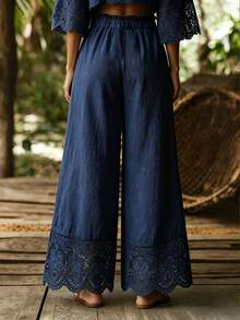 Breezaya Plus Size Women Bohemian Lace Trim Wide Leg Pants, Elastic Drawstring Paperbag Waist Lightweight Linen‑Textured Casual Vacation Daily Long Pants - Multicolor - View 2