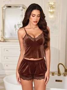 LuxeNights Women's Middle Eastern Elegant Lace Patchwork Brown Velvet Camisole & Shorts 3 PiecesPajama Set - Brown - View 7