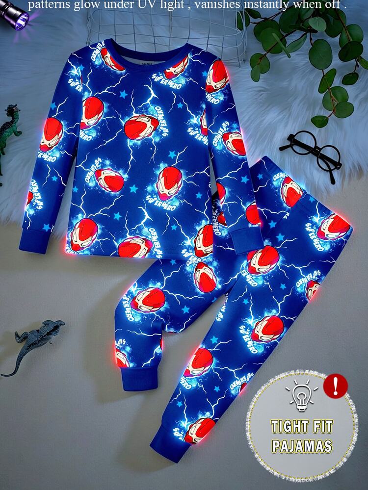 Boys' Glow-In-The-Dark Spider Web Superhero Cartoon Style Navy Blue Base With Red & Blue Fluorescent Print Knit Fabric Comfortable Soft Slim Fit Crew Neck Long Sleeve Long Pants 2-Piece Set Autumn/Winter Loungewear Pajamas - Multicolor - View 6
