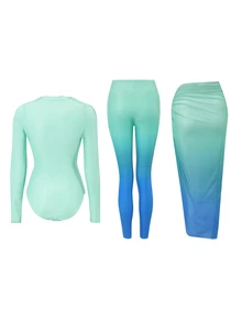 Swim Shayni Women's Summer Beach Conservative Style Geometric Gradient Print Burkini Set, Long Sleeve Zipper One-Piece Swimsuit, Long Cover-Up Dress, Black Long Pants - Blue - View 3