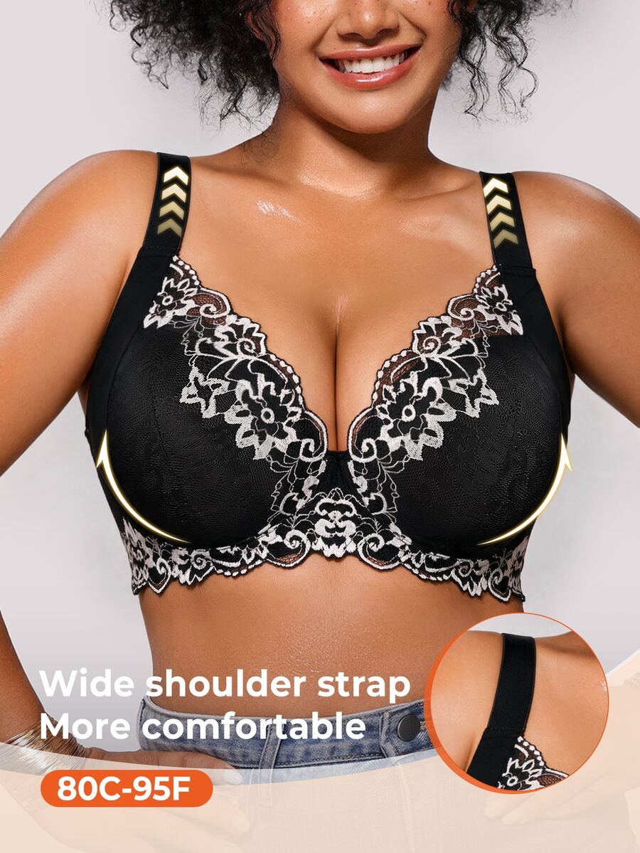Bareli Dear Plus Size Sexy Lace Patchwork Push-Up Bra, Adjustable Shape, Minimizing Large Bust, Side-Boob Coverage, Underwire Lingerie, 1pc - Black and White - View 1