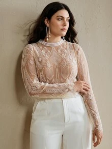 Anewsta Atasan Lengan Panjang Wanita Elegan Warna Beige dengan Bordir dan Manik-manik untuk Musim Gugur/Dingin, Blus Modis Ukuran Besar untuk Tamu Pernikahan, Pesta Koktail, Makan Malam, dan Acara Malam Hari - Aprikot - View 6
