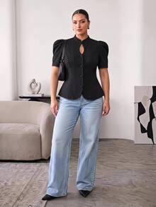 Hourglow Plus Size Women's Black Blouse, Stand Collar Keyhole Neck Short Puff Sleeve Waist-Defining Peplum Top - Black - View 6
