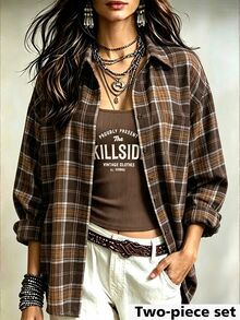 Linhara CURVE Plus Size Women's Woven Casual Fall Two Pieces Set - Coffee Brown - View 3