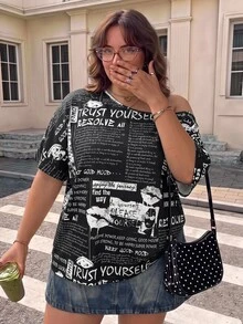 SHEIN CURVE+ 休閒簡約純色大尺碼女款T恤，適合春夏穿著 - 黑與白 - 查看 2