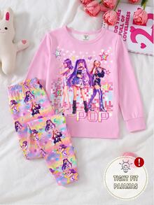 女童 K-POP 偶像夢幻印花 UV 光感螢光貼身睡衣套裝，韓系甜酷風，針織彈性面料，舒適柔軟圓領短袖長褲 2 件式居家服，適合居家與戶外穿著 - 彩色 - 查看 3