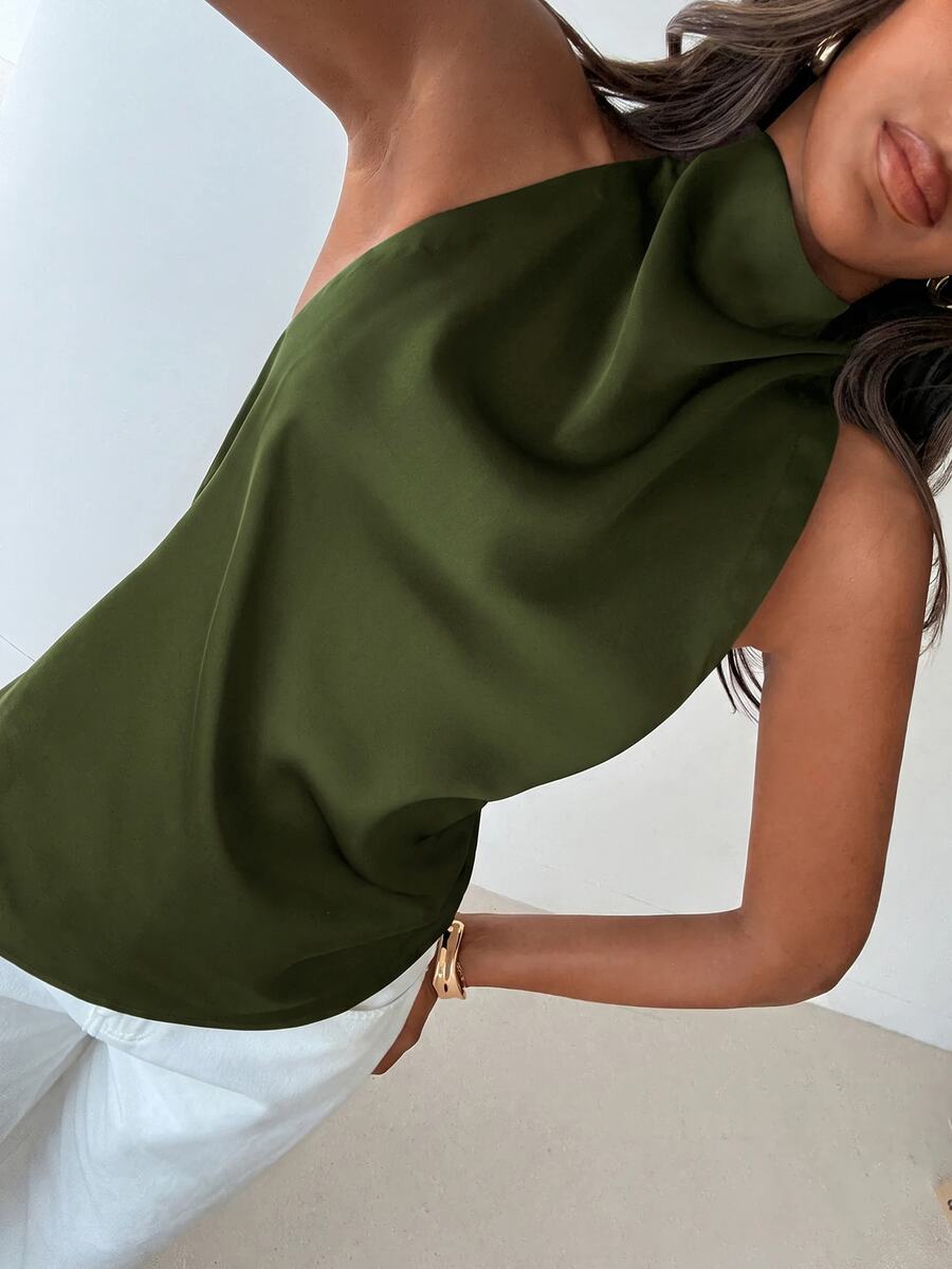Aloruh Women's Solid Color Casual Versatile Daily Wear Halter Neck Top - Army Green - View 1