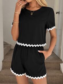 Easowa Casual Vacation Elegant Set Round Neck Short Sleeve Cropped Shirt And A-Line Shorts With Diagonal Pockets, Contrast Wave Trim, 100% Cotton - Black - View 3