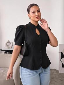 Hourglow Plus Size Women's Black Blouse, Stand Collar Keyhole Neck Short Puff Sleeve Waist-Defining Peplum Top - Black - View 4