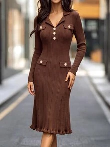 SHEIN Autumn/Winter Fashion Vintage V-Neck Faux Pocket Knit Sweater Dress - Coffee Brown - View 4