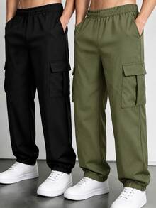 SHEIN Explorewe 青少年男孩百搭側邊不對稱條紋素色長褲 2件組 - 軍綠色 - 查看 1