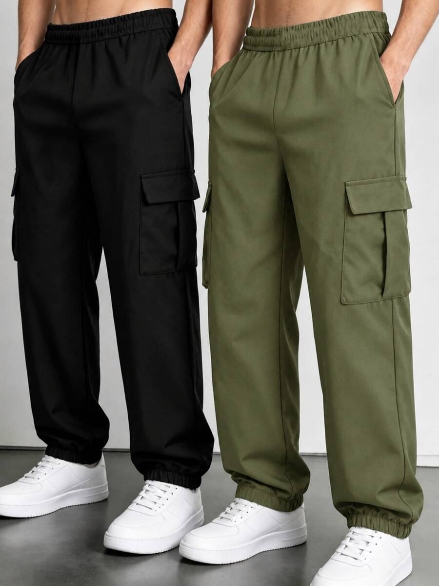 SHEIN Explorewe 青少年男孩百搭側邊不對稱條紋素色長褲 2件組 - 軍綠色 - 查看 1
