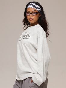 MUSERA 白色圖形 Logo 細節長袖上衣 冬季休閒日常舒適穿搭 女款酷白色上衣 - 淺灰色 - 查看 3