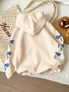 1pc Young Girls Casual Fashion Sweet Cute Cartoon Rabbit Bow Print Apricot Hooded Sweatshirt, Suitable For Autumn/Winter Wear, Cozy Fall & Winter Styles Long Sleeve Tops - Multicolor - View 2