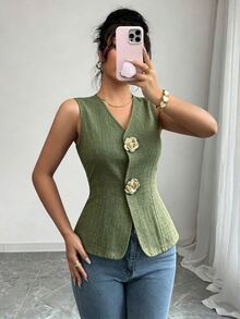 Elenzga 女款V領修身前襟金色玫瑰鈕扣裝飾外套背心 - 橄欖綠 - 查看 4