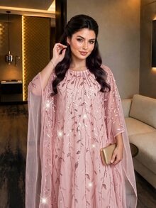 SHEIN Lady CURVE Plus Size Women Leaf Embroidery Pattern Cover Up And Dress Fashion 2 Pieces Set - Pink - View 5