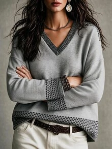 SHEIN Holidaya Vintage Leopard Print Patchwork V-Neck Sweater Women Loose Drop Shoulder Slouchy Contrast Color Long Sleeve Knit Pullover Top - Grey - View 5