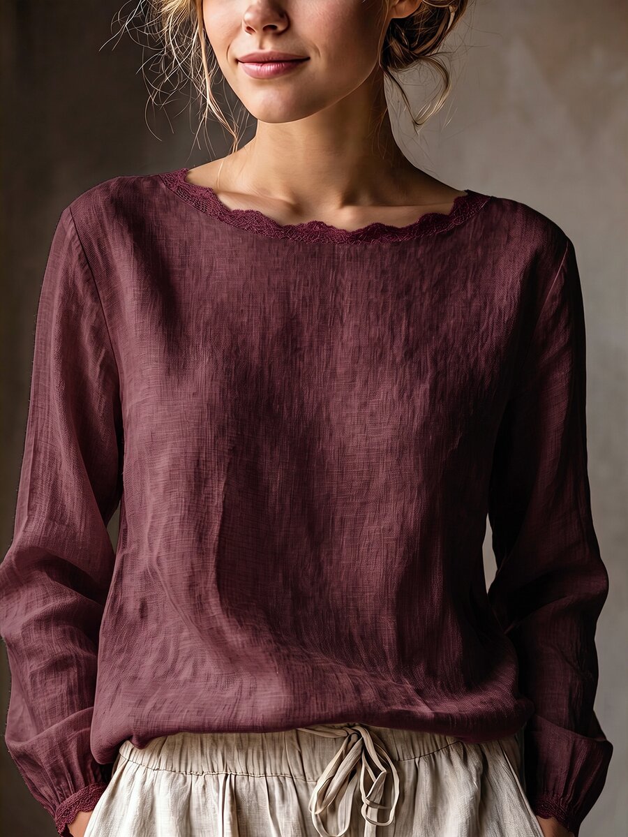 SHEIN Blus Wanita Kasual Elegan Warna Krem Muda Leher Bulat dengan Hiasan Renda Minimalis Serbaguna untuk Perjalanan Sehari-hari - Burgundy - View 1